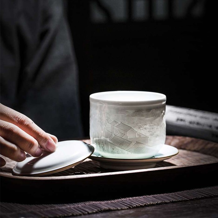taihuyao/太湖窑 姑苏繁华图浮雕青瓷杯 高温手工烧制 杯子 单杯