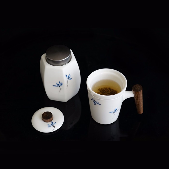 taihuyao/太湖窑 手绘水韵兰花 办公杯及茶叶罐套组 手工烧制 水杯杯子茶杯