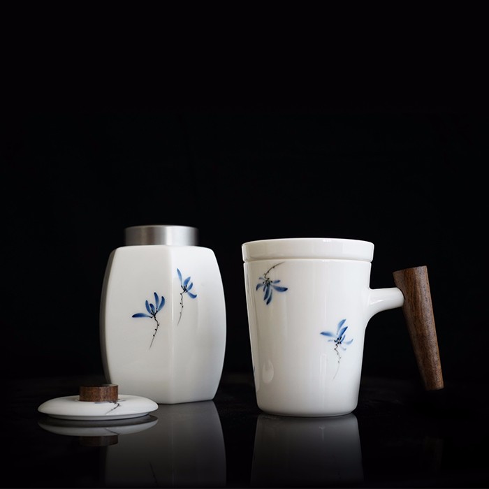 taihuyao/太湖窑 手绘水韵兰花 办公杯及茶叶罐套组 手工烧制 水杯杯子茶杯