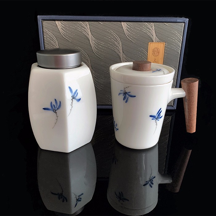 taihuyao/太湖窑 手绘水韵兰花 办公杯及茶叶罐套组 手工烧制 水杯杯子茶杯