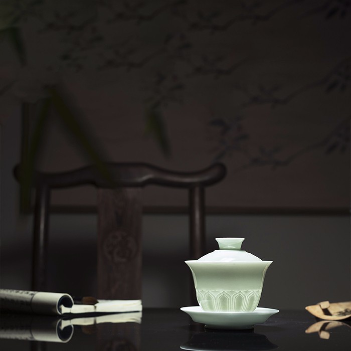 taihuyao/太湖窑莲心禅韵影青手工雕刻功夫茶具套装茶杯高温还原焰气氛烧制