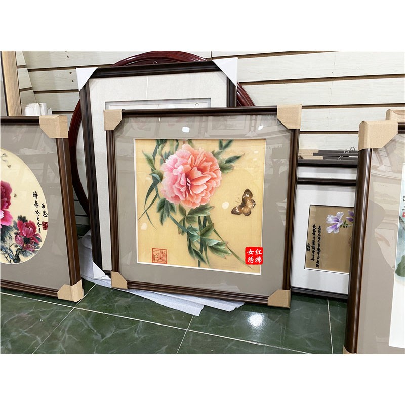 纯手工刺绣挂画苏绣成品牡丹花蝶恋花绣娘一针一线镇湖特实木立体装裱外框约73cm